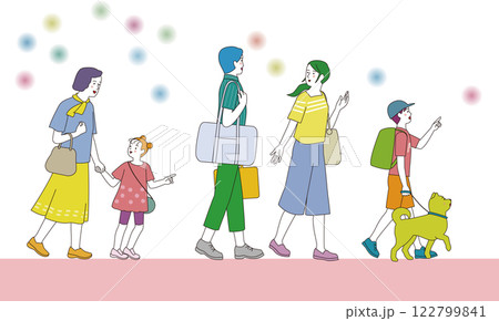 笑顔でお出かけする三世代家族。側面から見たイラスト。 122799841