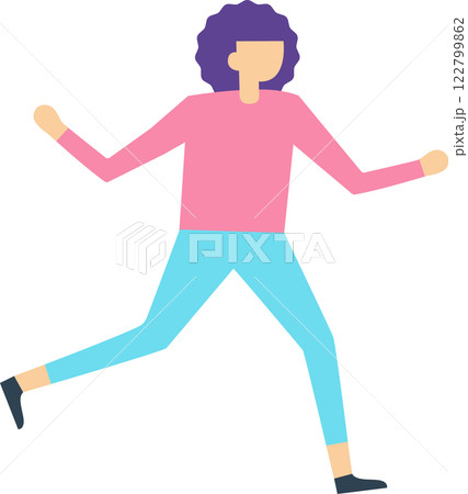 Full length illustration of a young woman running, wearing casual clothes, with purple curly hair, suggesting concepts of fitness, activity, and a healthy lifestyle 122799862