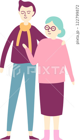 Cartoon illustration of a young male caregiver embracing an elderly woman, providing comfort, assistance, and companionship in a heartwarming depiction of intergenerational bonding Cartoon illustration of a young male caregiver embracing an elderly woman, providing comfort, assistance, and companionship in a heartwarming depiction of intergenerational bonding 122799872