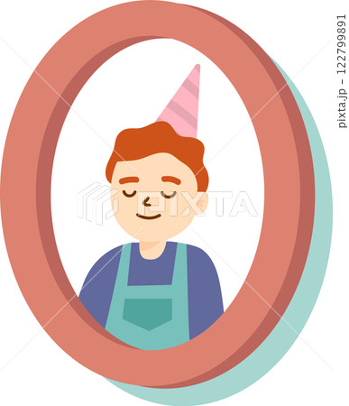 Cartoon style vector illustration of a young smiling boy wearing party hat and apron inside an oval frame, celebrating a birthday or special event 122799891