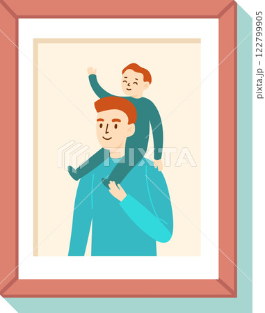 Happy family portrait representing fatherhood, showing a father carrying his son on shoulders, waving hand, framed photo hanging on the wall Happy family portrait representing fatherhood, showing a father carrying his son on shoulders, waving hand, framed photo hanging on the wall 122799905