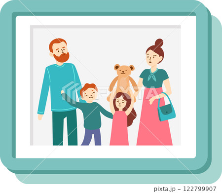 Family portrait representing parents and children standing together, with the daughter holding a teddy bear, symbolizing family unity, love, and childhood memories 122799907