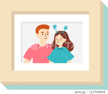Smiling couple enjoying a joyful moment, with the woman wearing a whimsical headband featuring playful antennas, beautifully framed in a light brown frame with passepartout 122799908