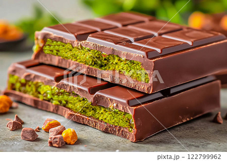 Dubai chocolate is a dessert made with milk chocolate, fried kadaifi dough, and pistachio paste Dubai chocolate is a dessert made with milk chocolate, fried kadaifi dough, and pistachio paste 122799962