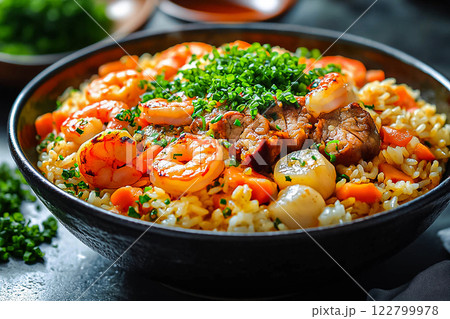 Japanese food top view of rice with shrimps, mushroom, beef 122799978