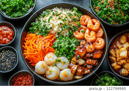 Top view of hot pot with meat, vegetables and mushrooms in a metal pan 122799980