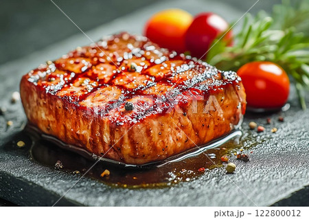 Medium rare beef steak grilled on a dark background. Top view Medium rare beef steak grilled on a dark background. Top view 122800012