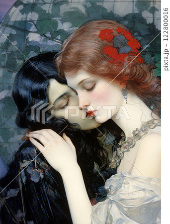 Vintage Elegance: Two Women in a Tender Embrace 122800016