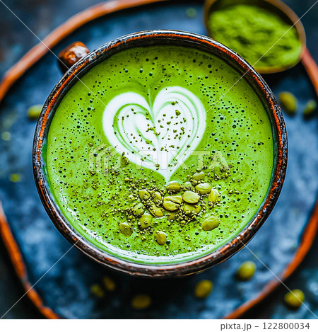 Matcha latte with green milk foam, matcha tea healthy drink. Matcha latte with green milk foam, matcha tea healthy drink. 122800034