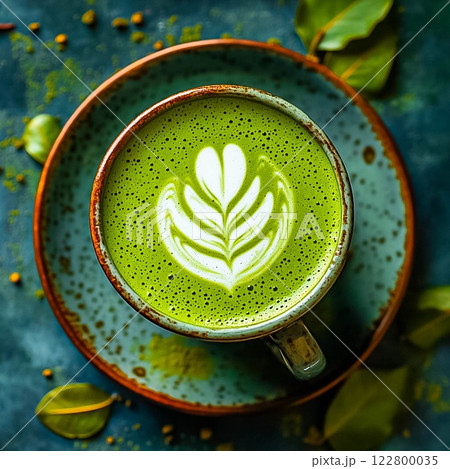 Matcha latte with green milk foam, matcha tea healthy drink. 122800035