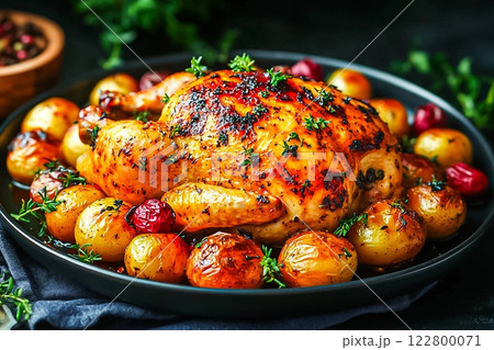 Roasted chicken with potatoes holiday dinner food photography 122800071