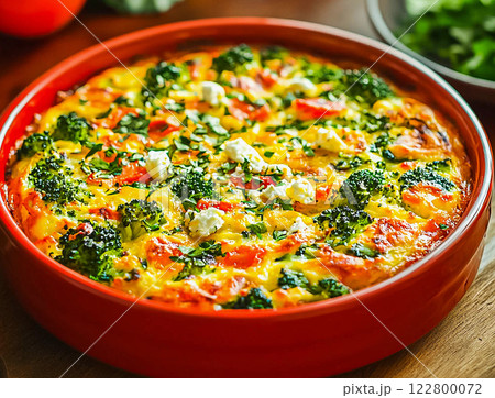 Frittata or casserole with broccoli and vegetables in baking dish. Vegetarian recipe. Frittata or casserole with broccoli and vegetables in baking dish. Vegetarian recipe. 122800072