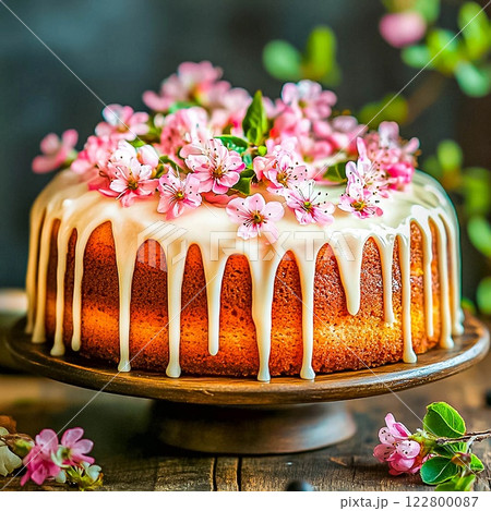 Baked sponge cake decorated with flowers, festive spring baking. Baked sponge cake decorated with flowers, festive spring baking. 122800087