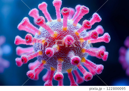 Macro of micro hi tech virus molecule is analyzed with microscope for vaccine. Concept of medicine, science, coronavirus, pandemia. 122800095