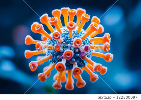Macro of micro hi tech virus molecule is analyzed with microscope for vaccine. Concept of medicine, science, coronavirus, pandemia. 122800097