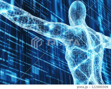 Digital interface overlaying a human body showcasing a futuristic network of data and neural connections 122800309