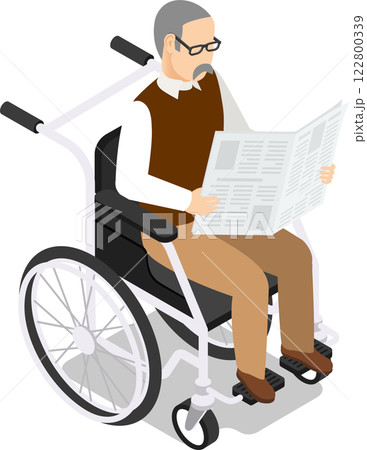 Elderly man with glasses and a mustache reading a newspaper while sitting in a wheelchair, savoring moments of leisure and relaxation in his comfortable lifestyle Elderly man with glasses and a mustache reading a newspaper while sitting in a wheelchair, savoring moments of leisure and relaxation in his comfortable lifestyle 122800339