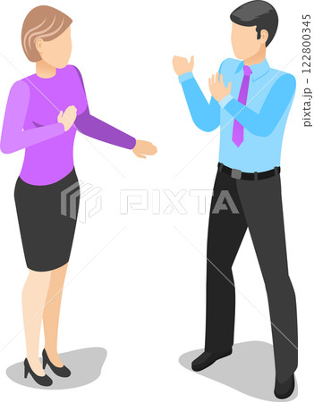 Business partners having a discussion, businesswoman gesturing with hand and businessman crossing arms, isometric business characters communicating 122800345