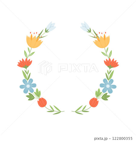 Hand drawn vector wreath with cute spring wildflowers and branches. Cute floral round for invitation, wedding, greeting cards Hand drawn vector wreath with cute spring wildflowers and branches. Cute floral round for invitation, wedding, greeting cards 122800355