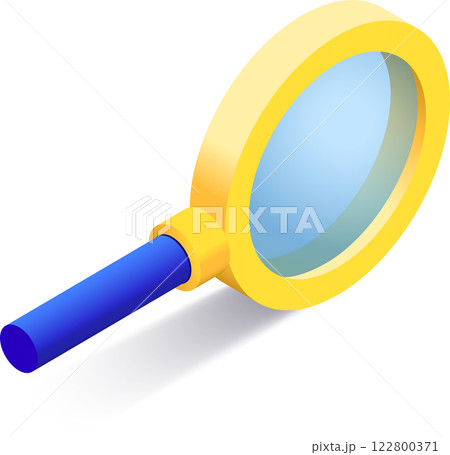 Magnifying glass with a blue handle and yellow lens casting a shadow, emphasizing exploration, analysis, and discovery against a white background Magnifying glass with a blue handle and yellow lens casting a shadow, emphasizing exploration, analysis, and discovery against a white background 122800371