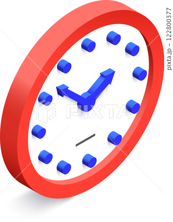 Minimalist isometric clock marking eight o clock, with blue hands and hour markers, and a red circular frame, useful for representing concepts related to time management, deadlines, and scheduling 122800377