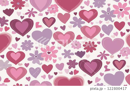 A whimsical and romantic pattern featuring vibrant, bright pink hearts with smooth, rounded edges and delicate, intricately illustrated flowers in soothing shades of pastel pink and rich, bold purple A whimsical and romantic pattern featuring vibrant, bright pink hearts with smooth, rounded edges and delicate, intricately illustrated flowers in soothing shades of pastel pink and rich, bold purple 122800417