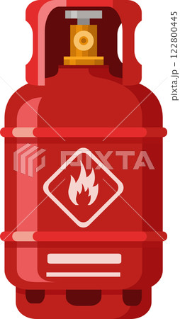 Red gas cylinder featuring a prominent flammable warning sign, indicating the presence of hazardous materials and emphasizing the importance of safe handling and storage practices 122800445