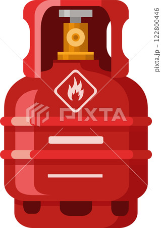 Red gas cylinder featuring a flammable warning sign and closed valve, representing energy and safety hazards in gas storage and industrial applications 122800446