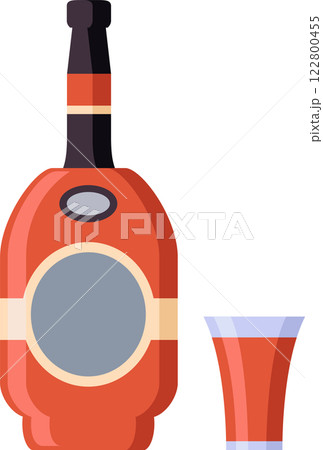Bottle and shot glass containing red liquor, celebrating concept, isolated on white background, party and celebration icon, flat vector illustration 122800455