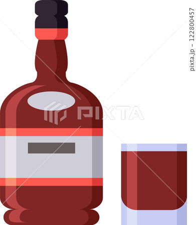 Bottle with blank label and glass containing red liquor on white background representing a concept related to alcoholic beverages, party or celebration 122800457