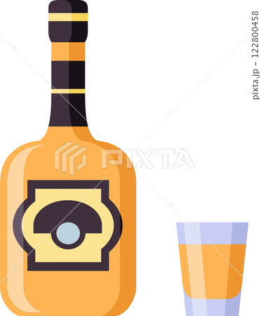 Bottle with black and gold cap and simple label and glass with liquor celebrating a special occasion, isolated illustration on white background 122800458