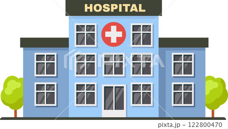 Modern hospital building with red cross symbol and trees, representing healthcare, medical services, and emergency care in a simple and accessible way Modern hospital building with red cross symbol and trees, representing healthcare, medical services, and emergency care in a simple and accessible way 122800470