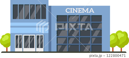 Contemporary cinema building showcasing large windows and trees, symbolizing entertainment, leisure, and the enjoyment of movies in a comfortable and accessible setting 122800471