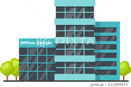 Office center building featuring dark windows and light blue walls, surrounded by two trees, embodying themes of business, finance, and urban development in a modern cityscape 122800473