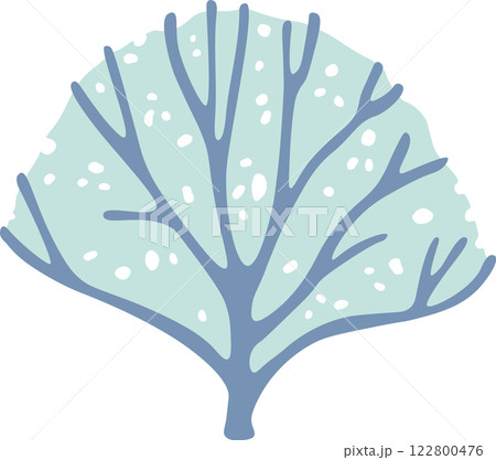 Winter illustration of a ginkgo biloba tree covered in snow, ideal for christmas or winter projects, with a light blue color and white spots 122800476