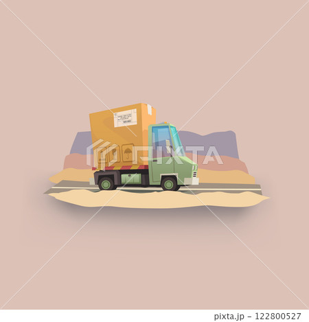 cartoon post green truck delivering in desert 122800527