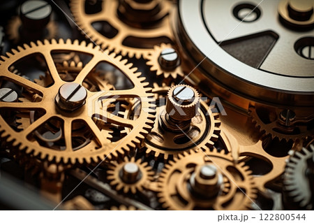 Clock mechanism with gears and cogs. Closeup macro shot. Generative Ai Clock mechanism with gears and cogs. Closeup macro shot. Generative Ai 122800544