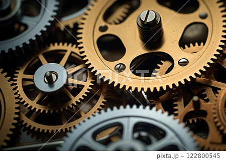Clock mechanism with gears and cogs. Closeup macro shot. Generative Ai 122800545