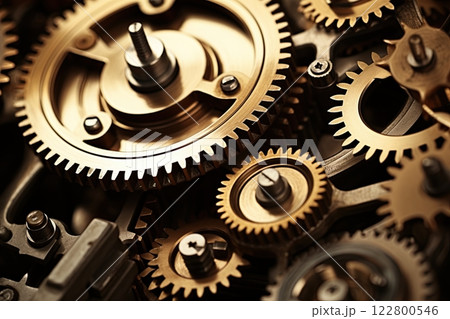 Clock mechanism with gears and cogs. Closeup macro shot. Generative Ai Clock mechanism with gears and cogs. Closeup macro shot. Generative Ai 122800546