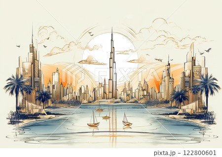 Dubai skyline sketch drawing. Poster design. Generative Ai 122800601