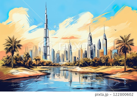 Dubai skyline sketch drawing. Poster design. Generative Ai 122800602