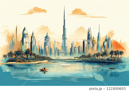 Dubai skyline sketch drawing. Poster design. Generative Ai 122800603