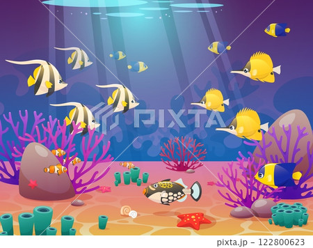 Cartoon exotic fish on seabed. Tropical ocean fauna, bright underwater wildlife, marine colorful inhabitants, algae, corals, undersea goldfish and starfish, background design, vector concept 122800623
