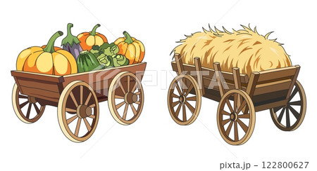 Farming wagons with harvest. Wooden carts, organic products, hay wain, vegetables in wheelbarrow, laden garden carriages, countryside transport cartoon flat style isolated vector set 122800627