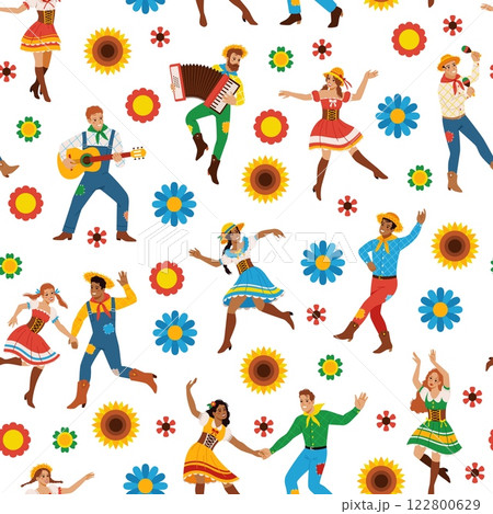 Festa junina seamless pattern. Funny participants and elements, traditional harvest festival, brazil farm holiday, june party, happy dancing people. Decor textile, wrapping, tidy vector print Festa junina seamless pattern. Funny participants and elements, traditional harvest festival, brazil farm holiday, june party, happy dancing people. Decor textile, wrapping, tidy vector print 122800629