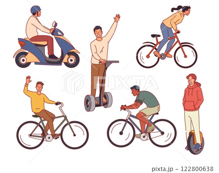Happy people ride ecological transport. Electric city vehicles, scooters and bicycles, healthy active lifestyle, bike drivers, men and women baking in park cartoon flat isolated vector set 122800638