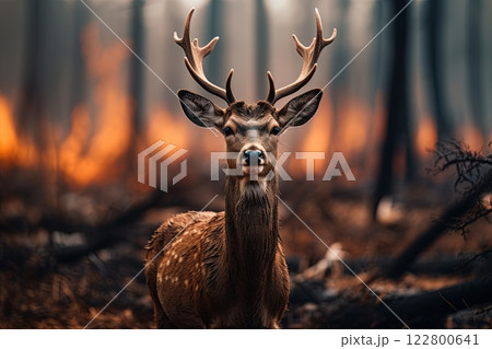 Deer escaping forest fire. Generative Ai image 122800641