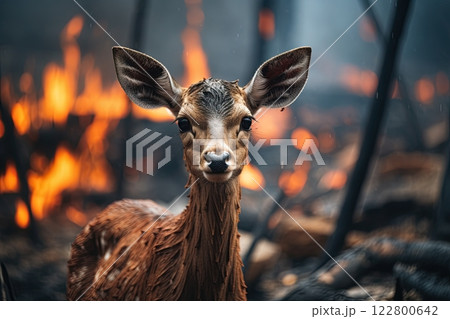 Deer escaping forest fire. Generative Ai image 122800642
