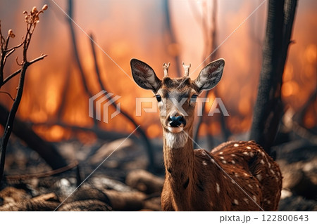Deer escaping forest fire. Generative Ai image 122800643