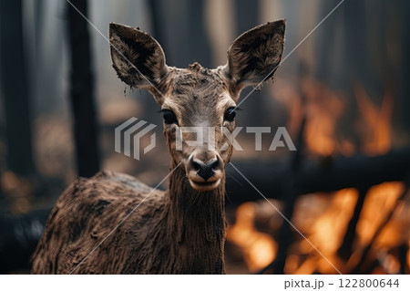 Deer escaping forest fire. Generative Ai image 122800644